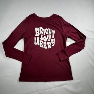 Sonoma Bright Joy Merry Graphic Tee Burgundy Long Sleeve Petite XS Holiday Shirt